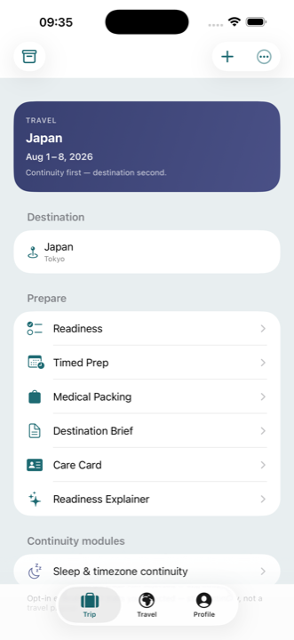 TravelHealthAI trip home screen for a trip to Japan, showing readiness, prep, and Care Card in one place