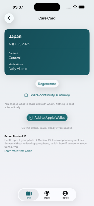 TravelHealthAI Care Card for a trip to Japan, showing destination, dates, and medications, with an Add to Apple Wallet button